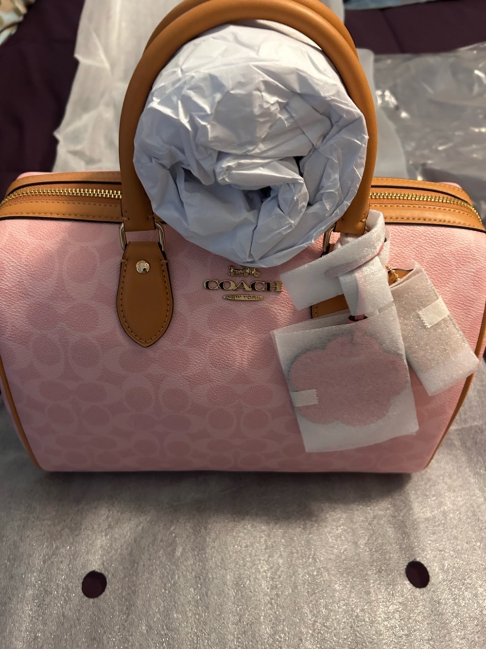 Coach Powder Pink Signature Rowan Satchel with Tan Handles and Gold Hardware